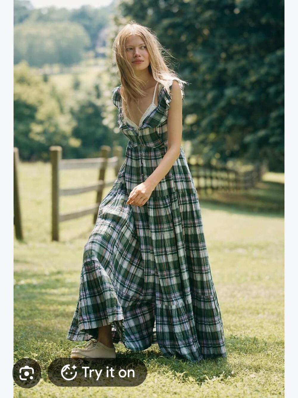 Pilcro Olive and Pink Plaid Ruffle-Shoulder Maxi Dress